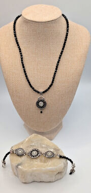 Brighton Stunning Jete Black Gem Peal Beaded Set Reversible Necklace Bracelet